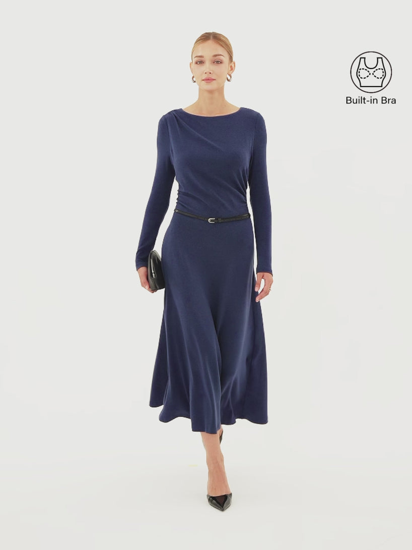 OGLmove LiteWarm Boatneck Asymmetrical Ruched Built-In Bra 3.0 Midi Dress