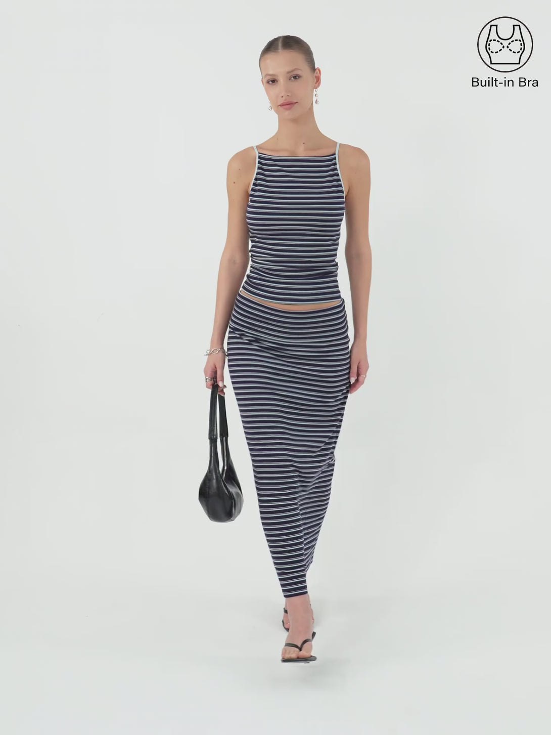 2Pcs Set Striped Spaghetti Brami & Low Rise Striped Midi Skirt