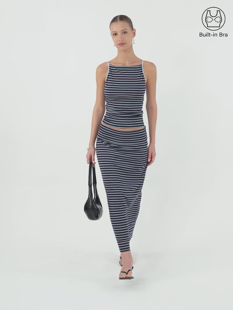 2Pcs Set Striped Spaghetti Brami & Low Rise Striped Midi Skirt