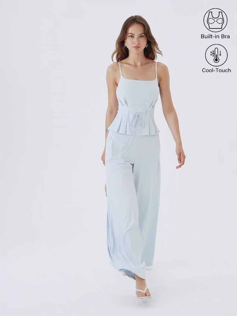 OGLmove 2Pcs Set Spaghetti Brami & Wide Leg Pants with Pockets