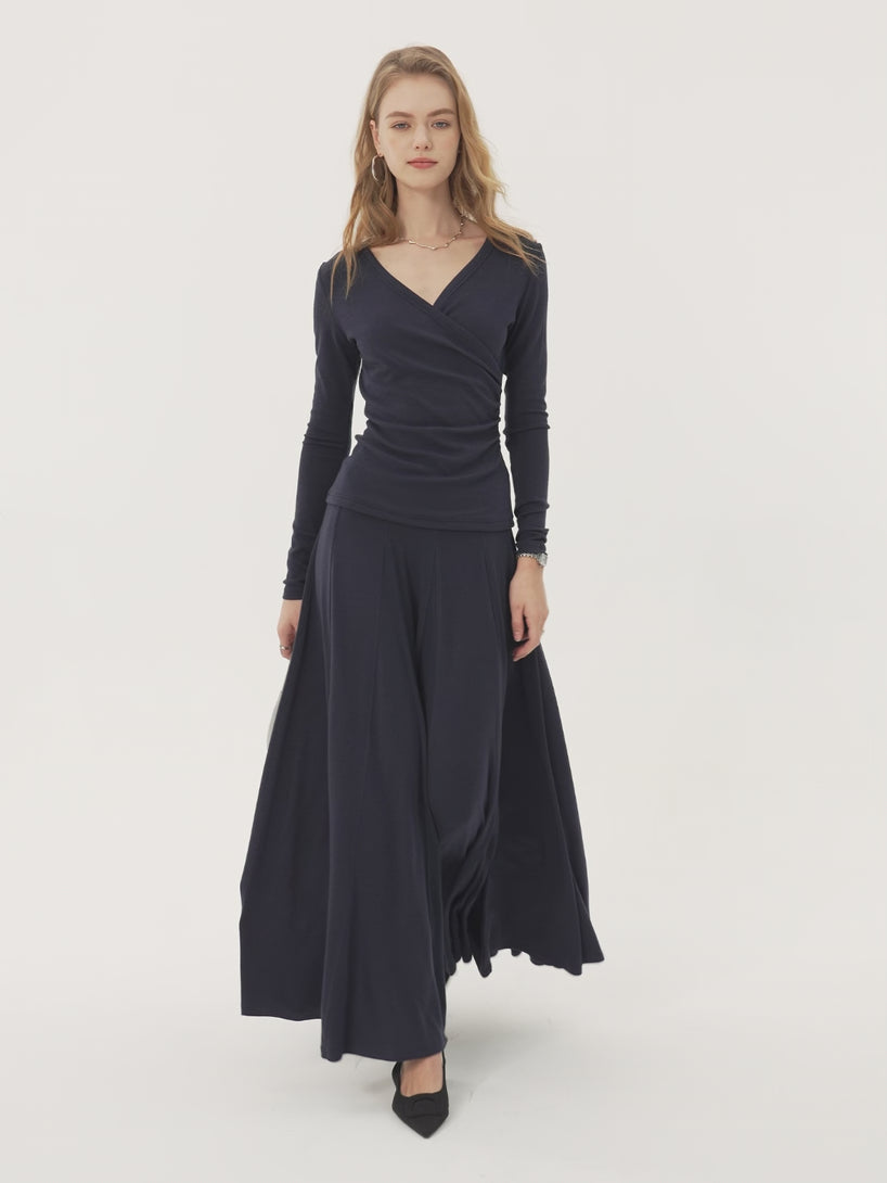 2Pcs Set Surplice Ruched Long Sleeve & Godet Hem Pull-on Maxi Skirt