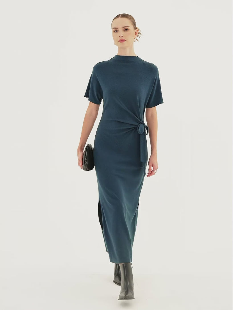 OGLmove LiteWarm Mock Neck Elbow Sleeve Tie-Waist Midi Dress