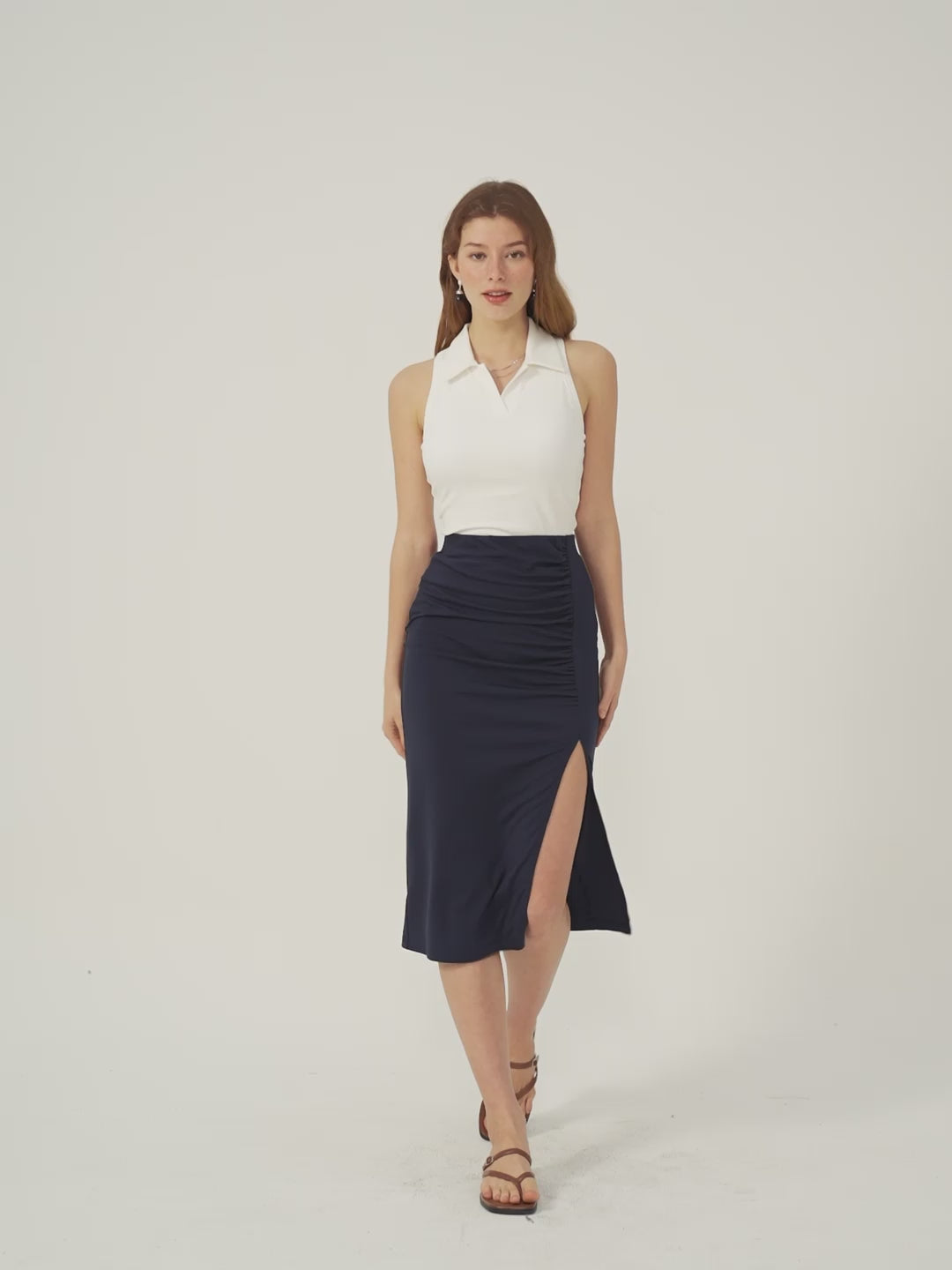 Ruching Slit Midi Skirt - Midnight Navy