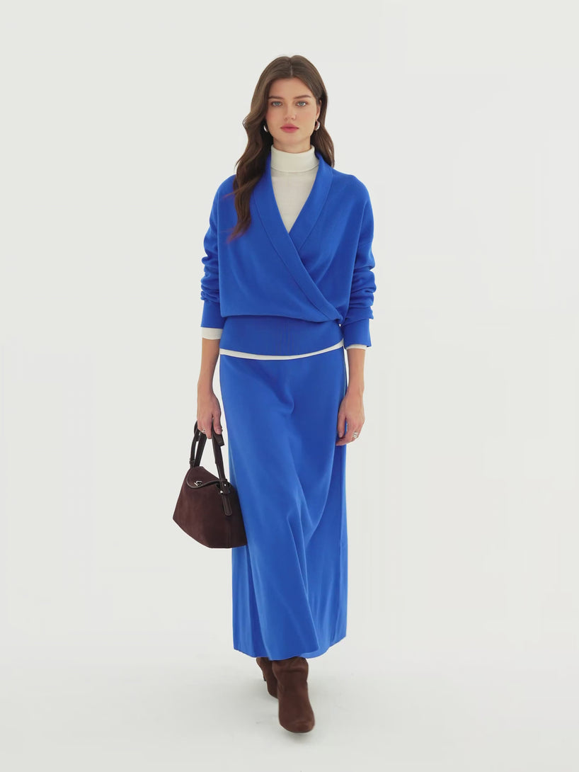 OGLmove 2Pcs Set Merino Wool Blend Cross Shawl Collar Sweater & Drapey High-Rise A-Line Midi Skirt