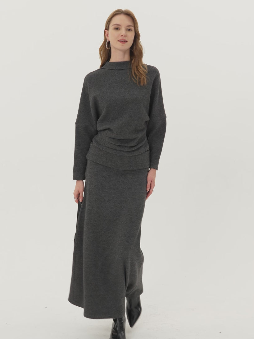 Cozy Ribbed Fold-Down Waistband A-line Maxi Skirt