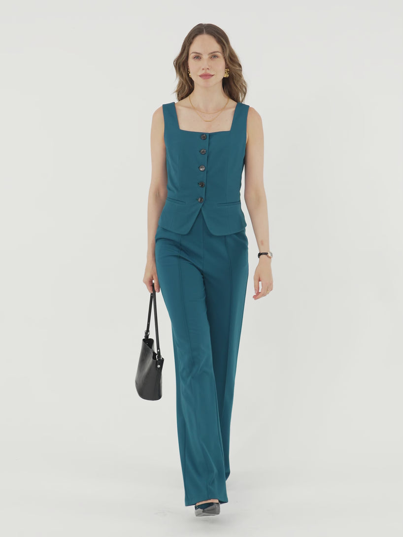 OGLmove 2Pcs Set Square Neck Waistcoat with Pockets & Wide Leg Ankled Pant