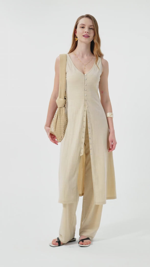 2Pcs Set V-neck Button Front Midi Vest Dress & Mid Rise Straight Leg Pant