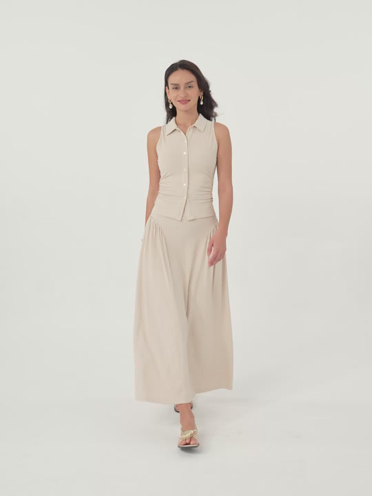 2Pcs Set Faux Button Placket Shirt Tank & Flared Midi Skirt with Pockets