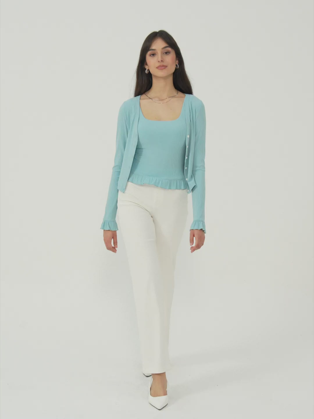 Cool Rib Ruffle Sleeve Button-Down Cardigan - Salt Blue