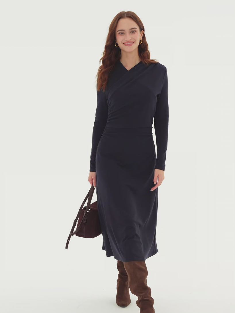 OGLmove ProWarm Crossover Wrap Neck Long Sleeve Midi Dress