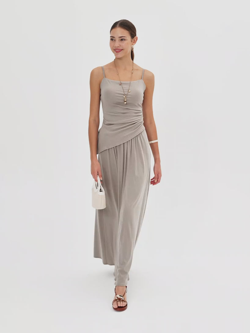 OGLmove 2Pcs Set Spaghetti Bra Top with Side Slit & A-Line Maxi Skirt with Pockets