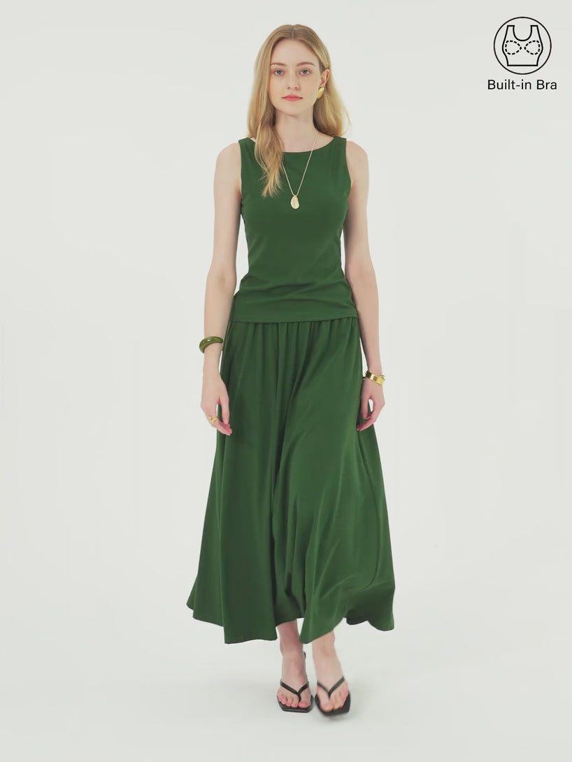 2Pcs Set Stretch Cotton Boatneck Brami Tank & Maxi Umbrella Skirt with Pockets