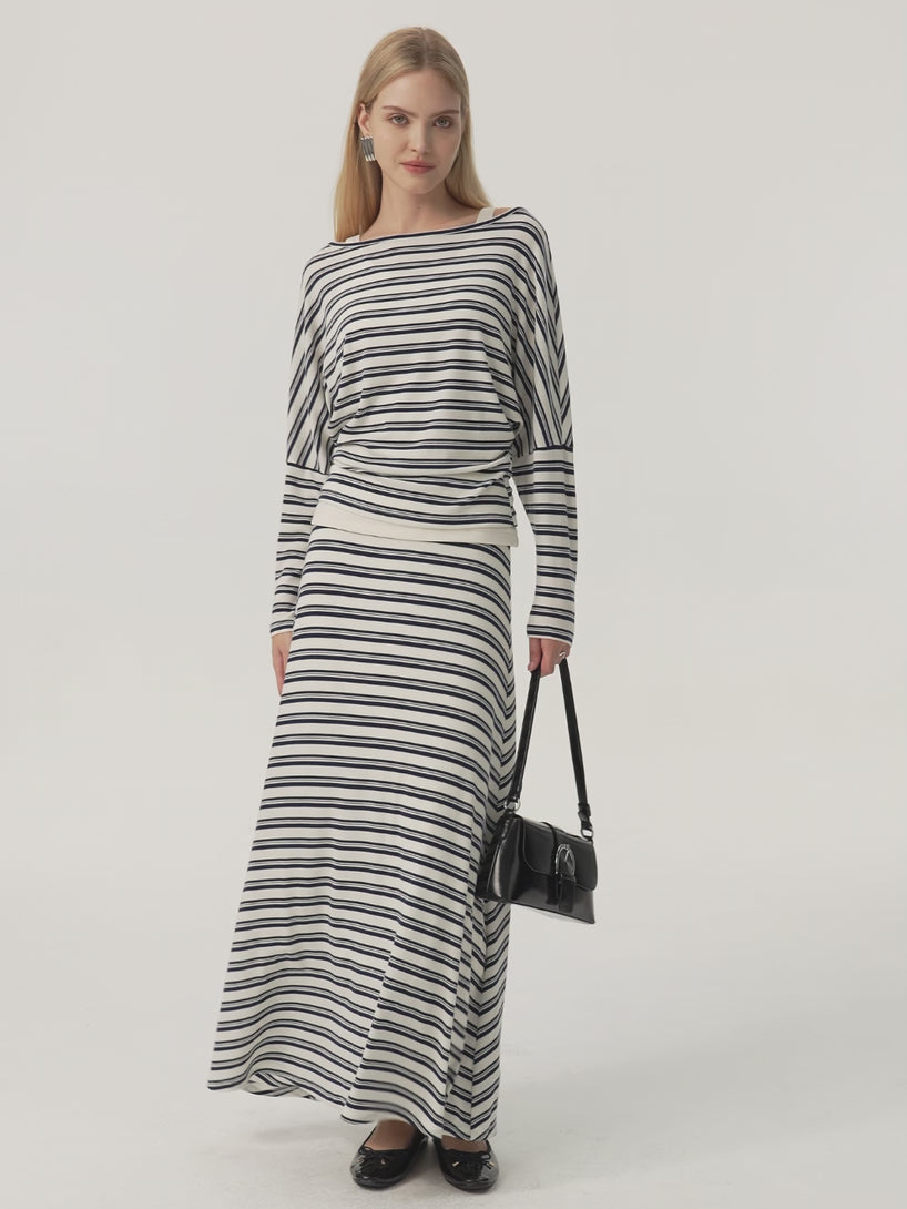 2Pcs Set Striped Boatneck Batwing Sleeves Top & A-Line Circle Maxi Skirt