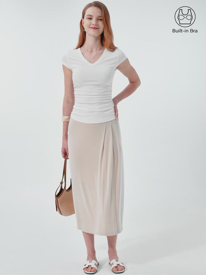 2Pcs Set Elevated V-neck Side Ruched Cap Sleeve Brami Tee