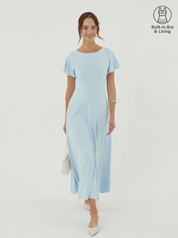 Casual Regular Fit Black/XS Maxi Dresses Flutter Sleeves Short Sleeves Boat Neck Women Dresses OGLmove