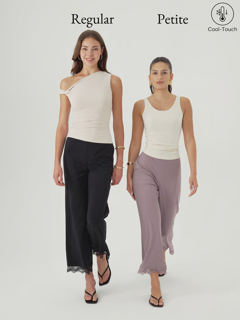 OGLmove Lace Trim Draped Mid Rise Wide Leg Pants with Pockets