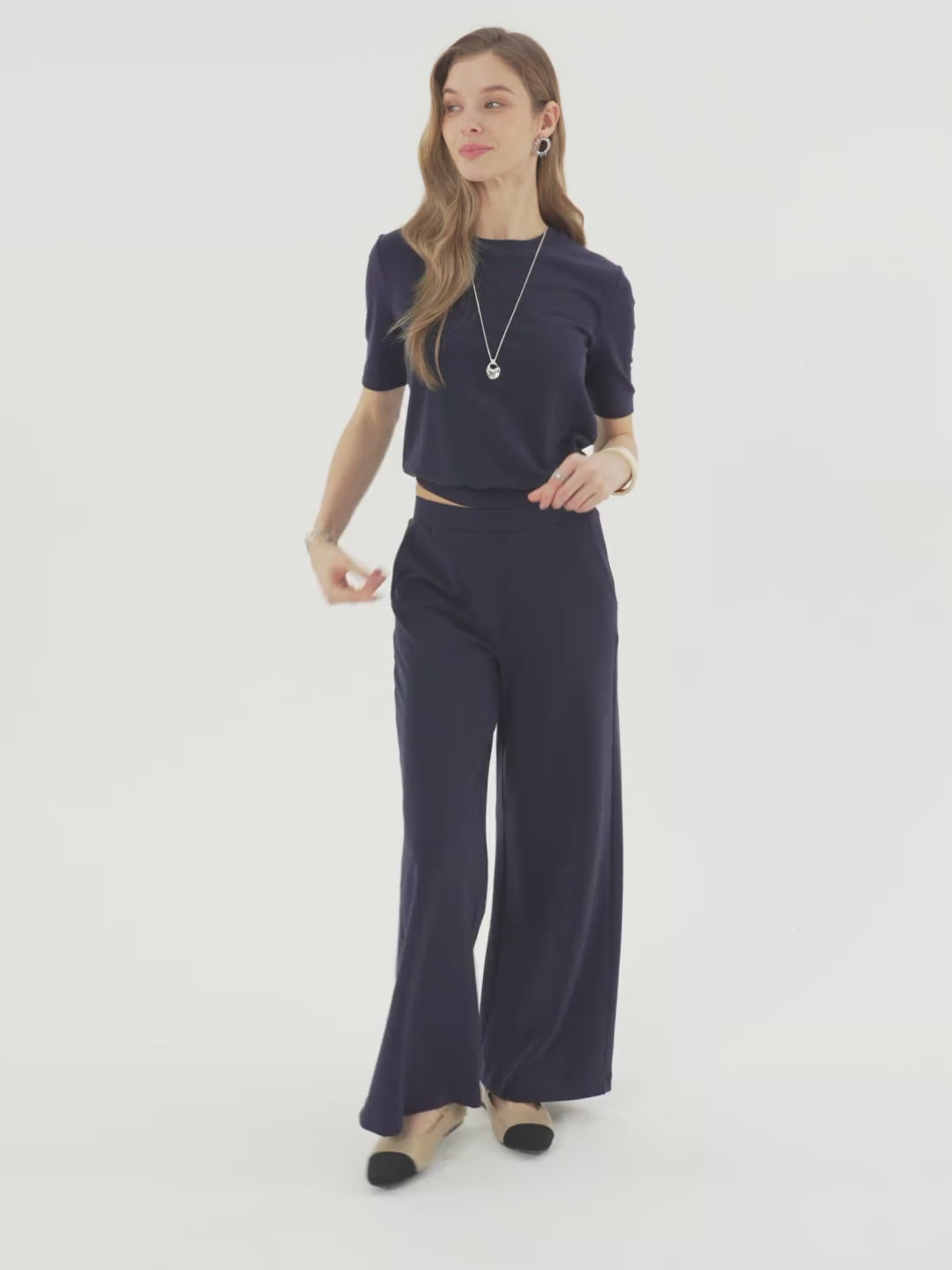 2Pcs Set Petite Mid Rise Wide Leg Pants with Pockets & Crewneck Brami with Banded Hem
