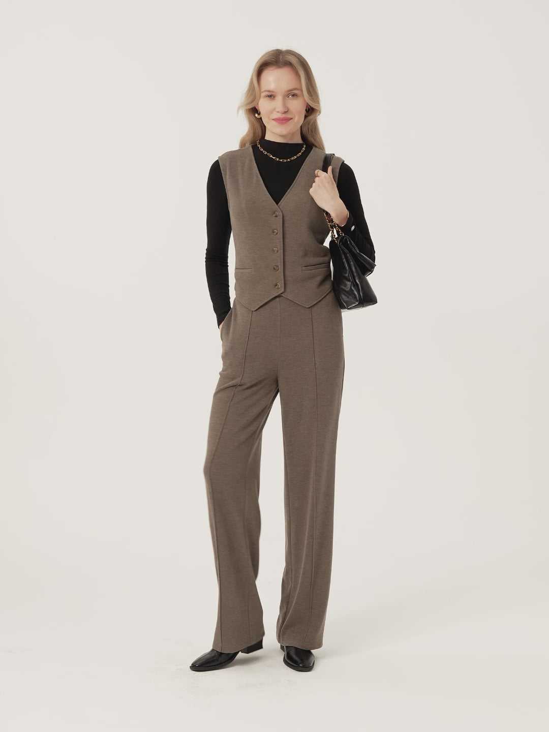 Brushed Warm High Rise Pintuck Straight Leg Pull-on Pants