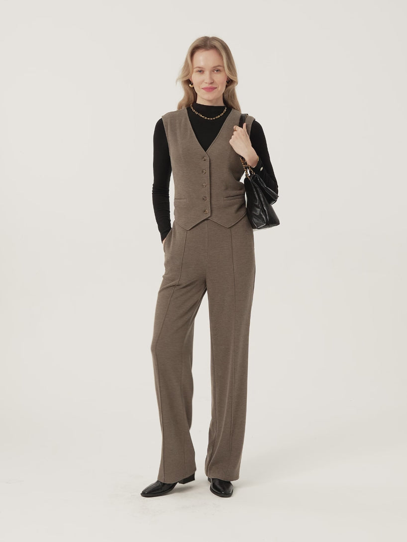 Brushed Warm High Rise Pintuck Straight Leg Pull-on Pants