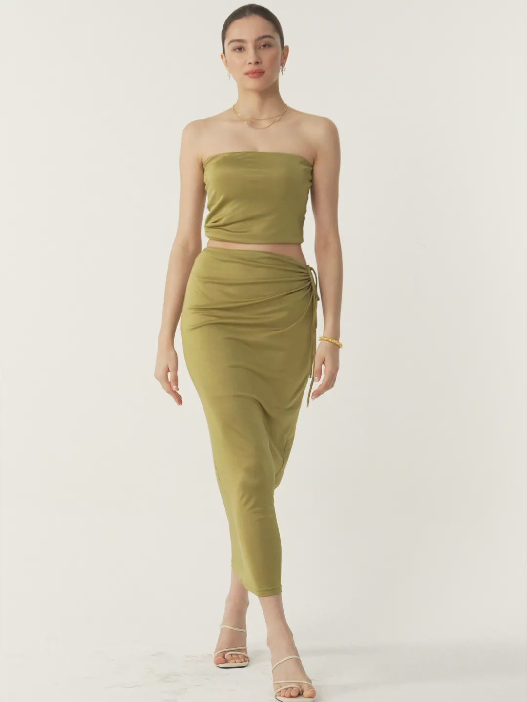 Silk-Like Acetate Irisa Midi Skirt - Moss Olive