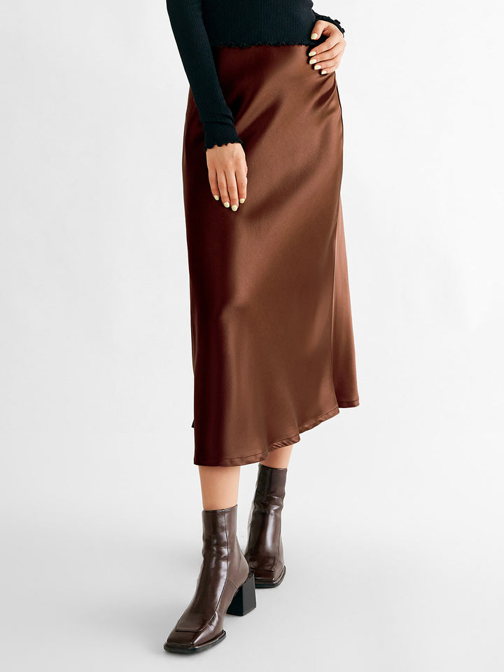 Silk-Like Satin Midi Slip Skirt Bias-Cut High Waisted Womens Skirt ...