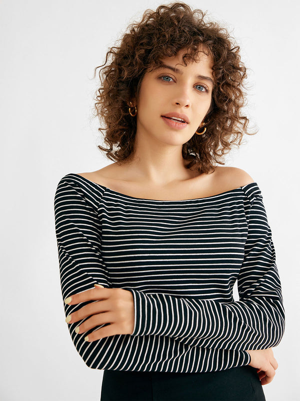 Cotton Off-the-shoulder Striped Knit Top