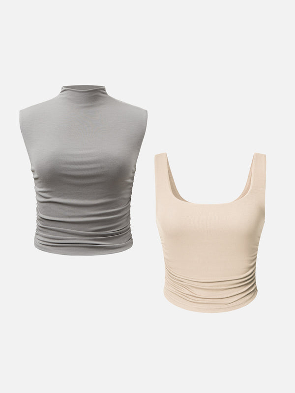 Eco-SkinKiss® Ruched Sides Tank Top & Mock Neck Top-2Pcs Set