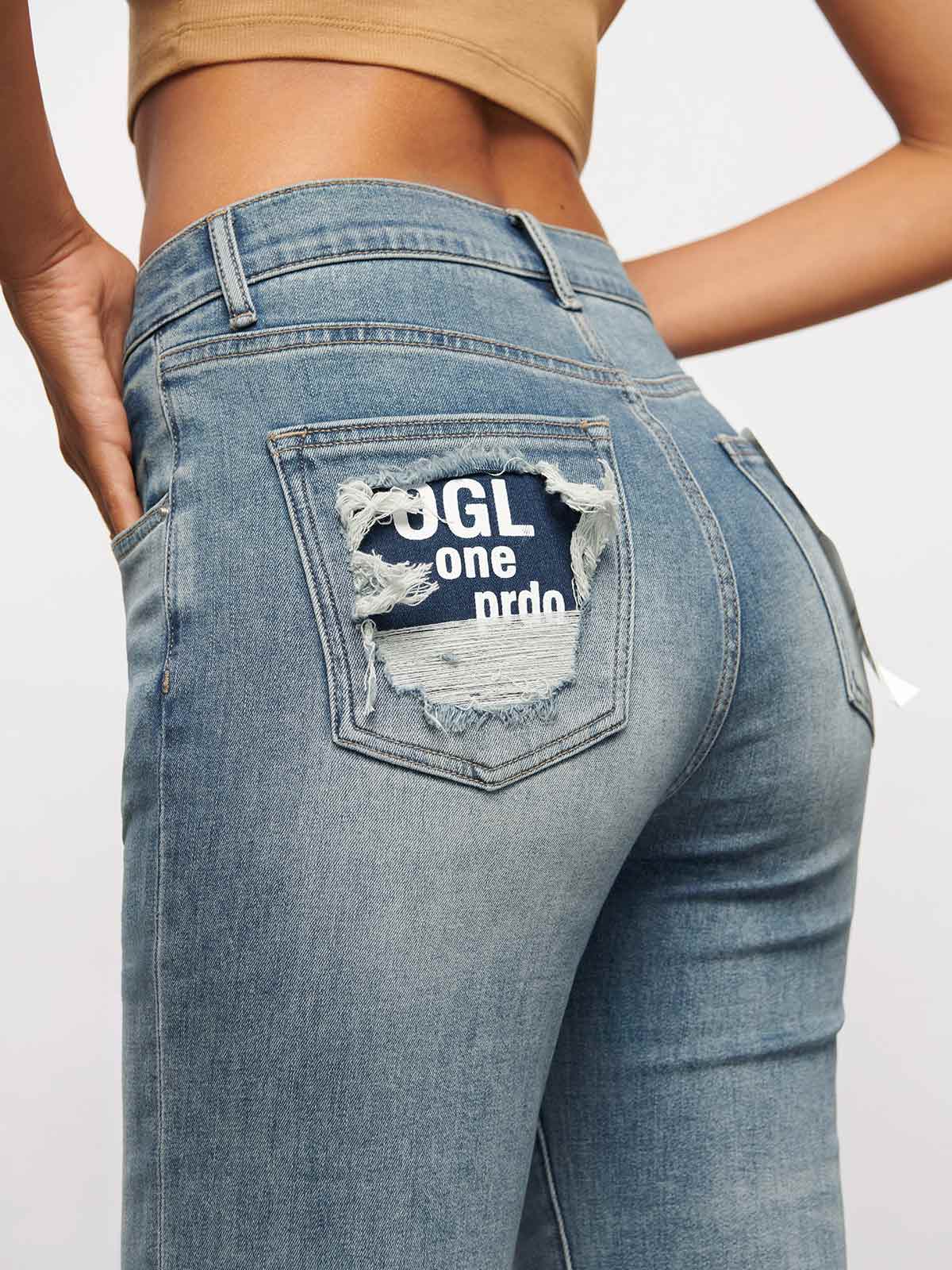 OGLmove Taper Jeans Women Slim Fit Ripped Embroidered Pocket