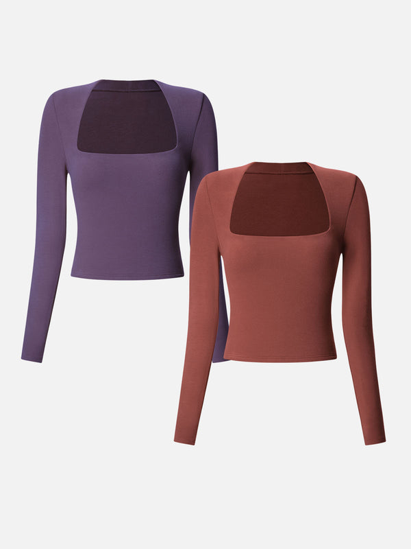 Eco-Mousse® Brushed Tapered Square Neck Long Sleeve Top-2Pcs Set