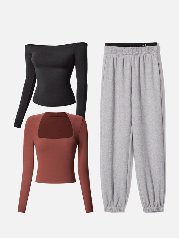 Sweatpants&Square Neck Long Sleeve Top&Multi-Wear Body Top-3Pcs Set