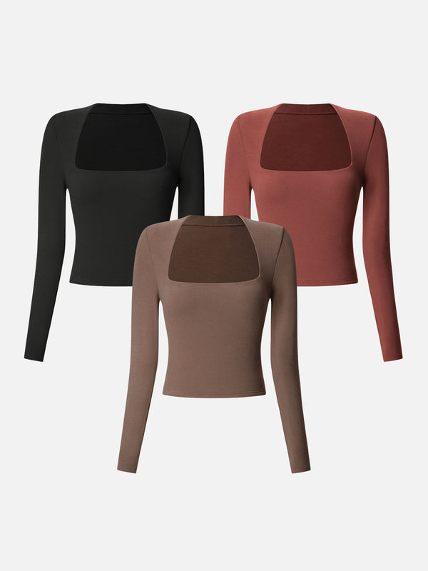 Eco-Mousse® Brushed Tapered Square Neck Long Sleeve Top-3Pcs Set