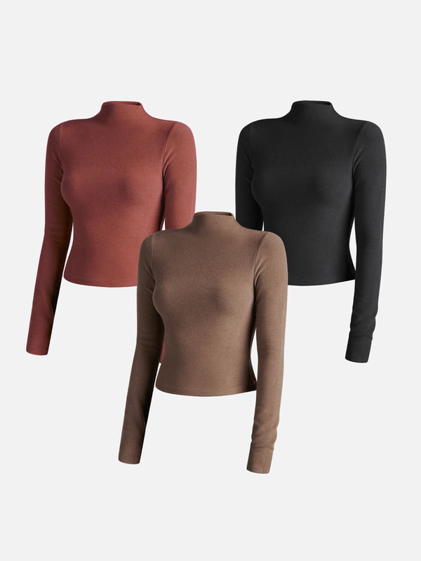 Eco-Mousse® Thermal Brushed Mock Neck Crop Top 3Pcs Set